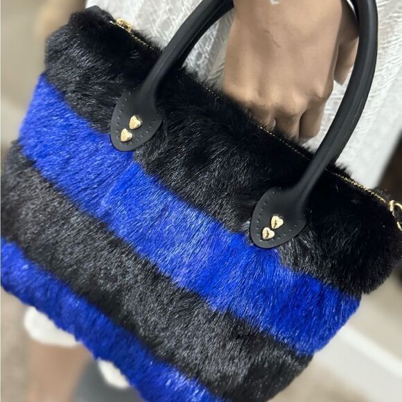 Striped Colorblock Handmade Real Mink Fur Mini Tote, Top Handle Bag, Crossbody - Picture 13 of 16